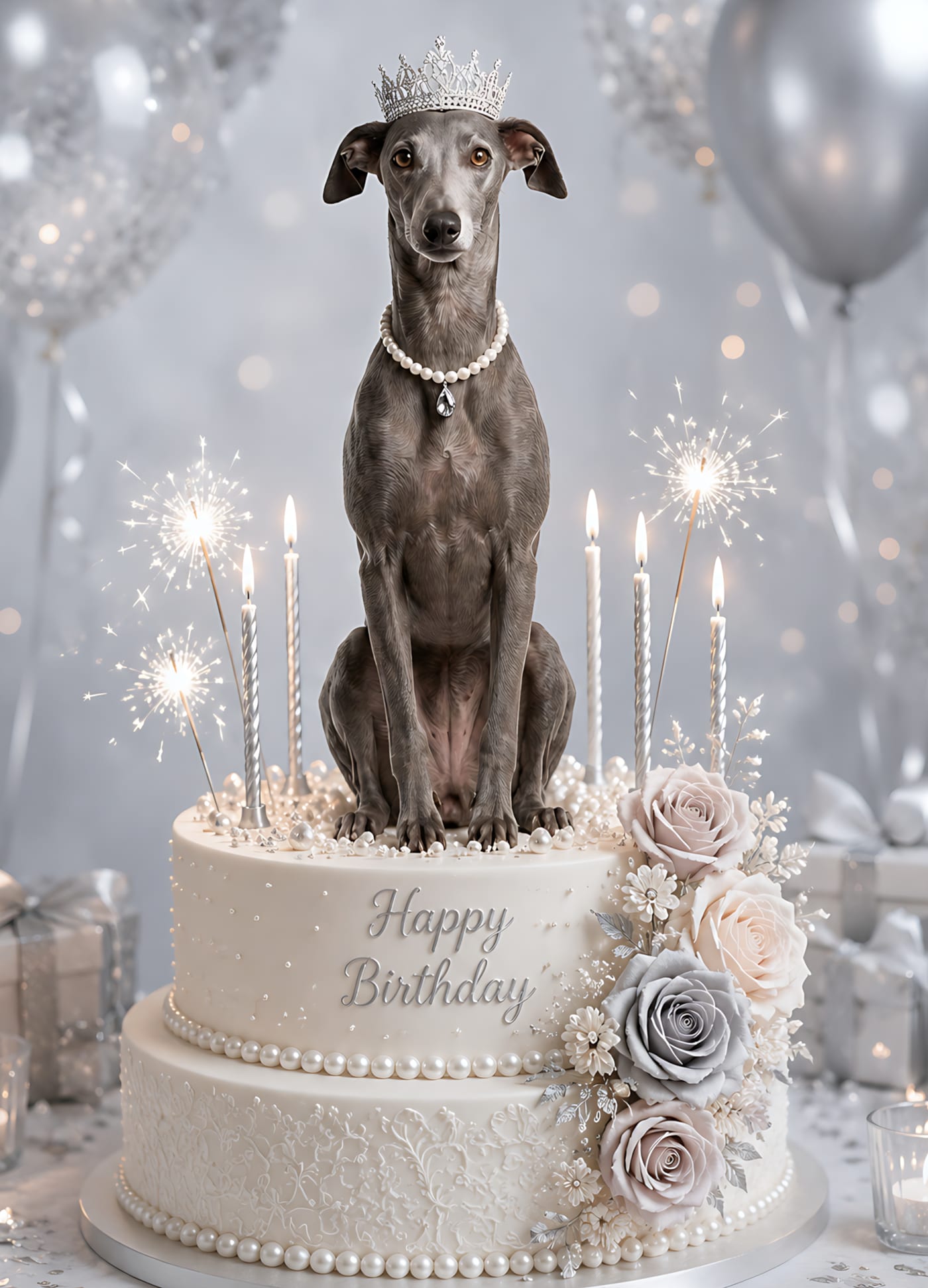 Birthday card: an Italian Greyhound in a tiara and pearls perched atop a silver-and-white birthday cake with lit candles and sparklers, the cake reading "Happy Birthday".