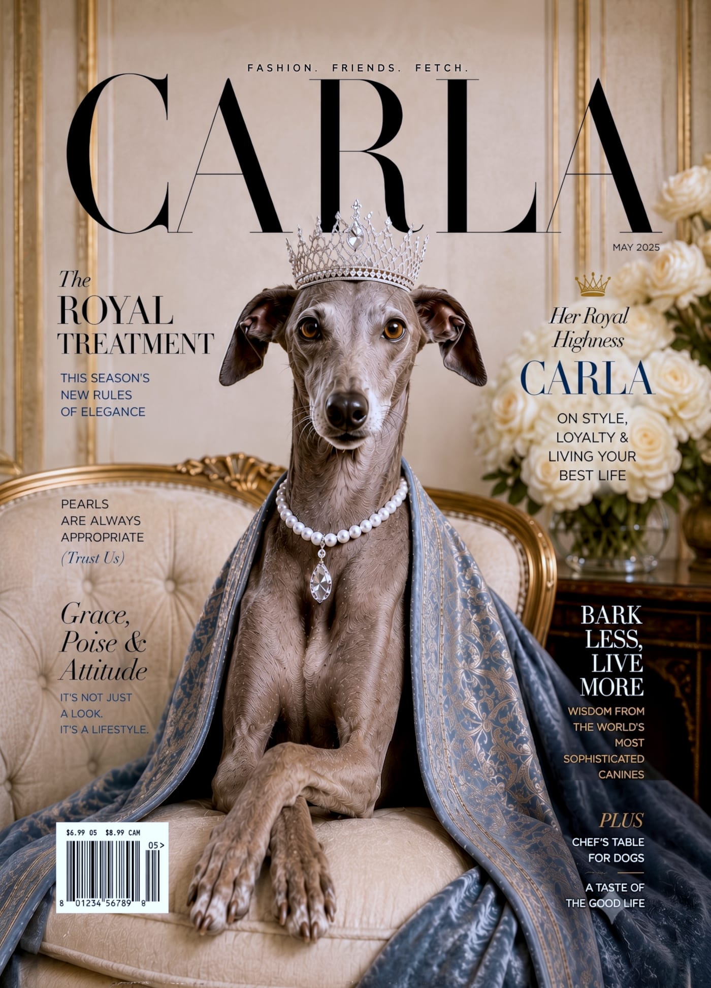 Blank dog card: an Italian Greyhound in a jeweled tiara and pearl necklace, draped in a blue-and-gold robe on a tufted sofa, styled as a glamorous fashion-magazine cover.