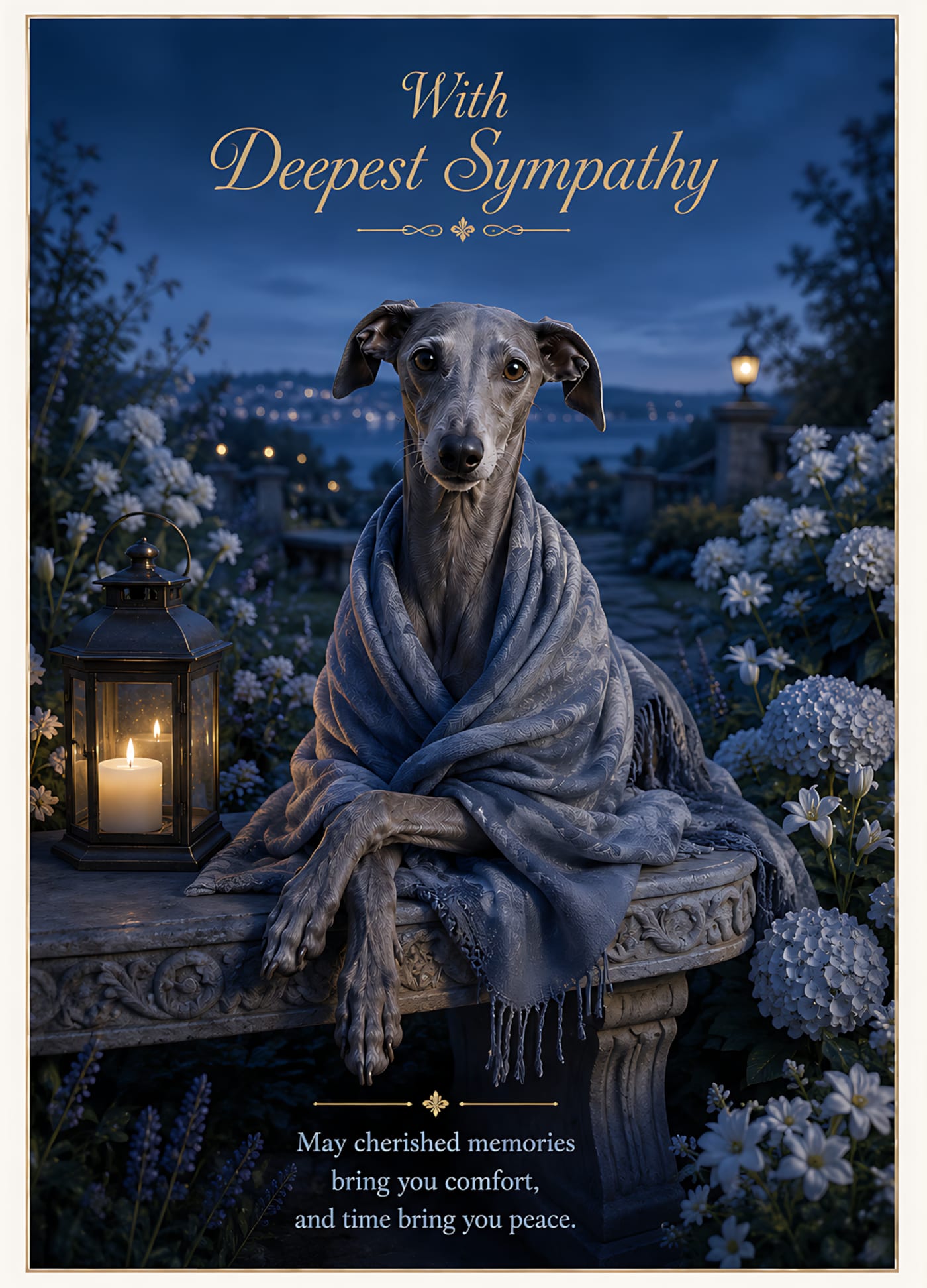 Sympathy card: an Italian Greyhound wrapped in a grey shawl on a carved stone bench in a candlelit evening garden of white flowers, headline "With Deepest Sympathy".