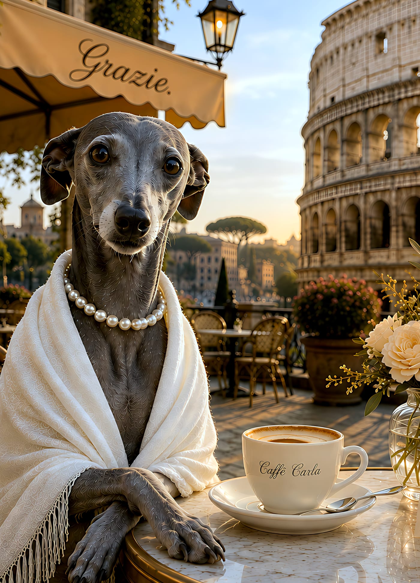 Thank-you card: an Italian Greyhound in a pearl necklace and white shawl at a Roman cafe with the Colosseum behind, a "Caffe Carla" cappuccino on the table and a "Grazie" awning above.