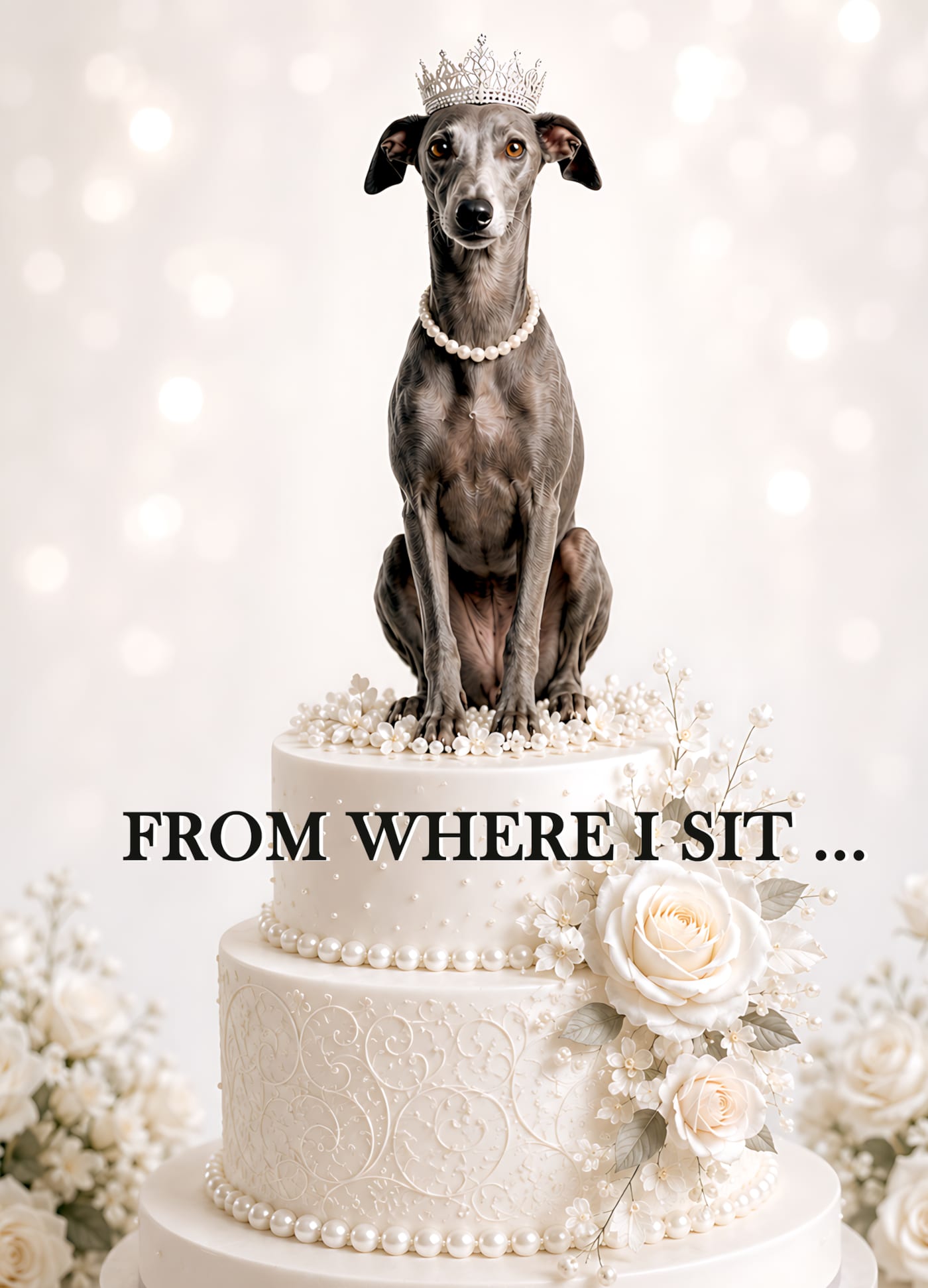 Wedding card: an Italian Greyhound in a tiara and pearls perched atop a white tiered wedding cake with roses and pearls, headline "From Where I Sit ...".