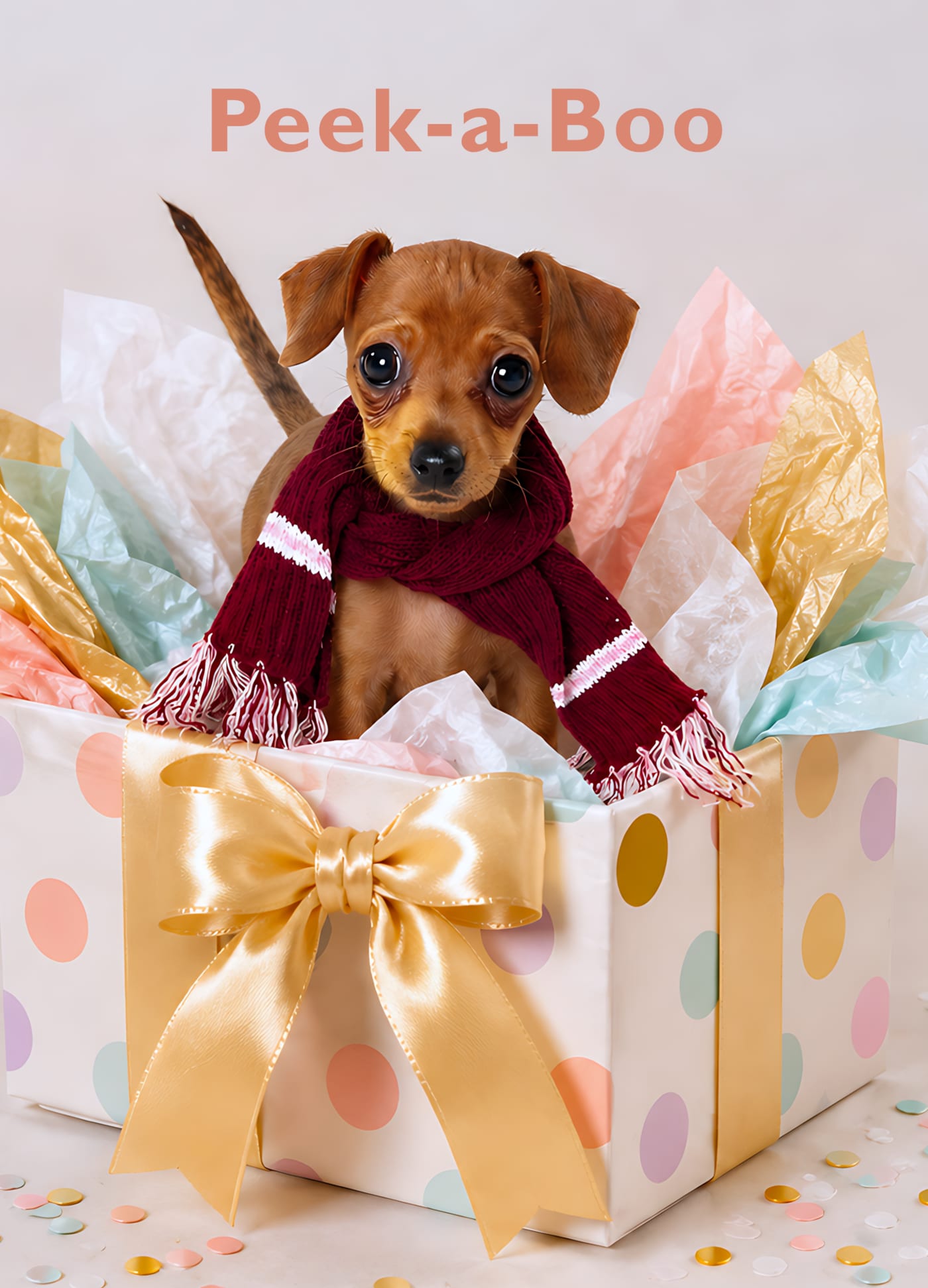 Birthday card: a dachshund puppy in a maroon knit scarf peeking out of a polka-dot gift box with a gold bow, headline "Peek-a-Boo".