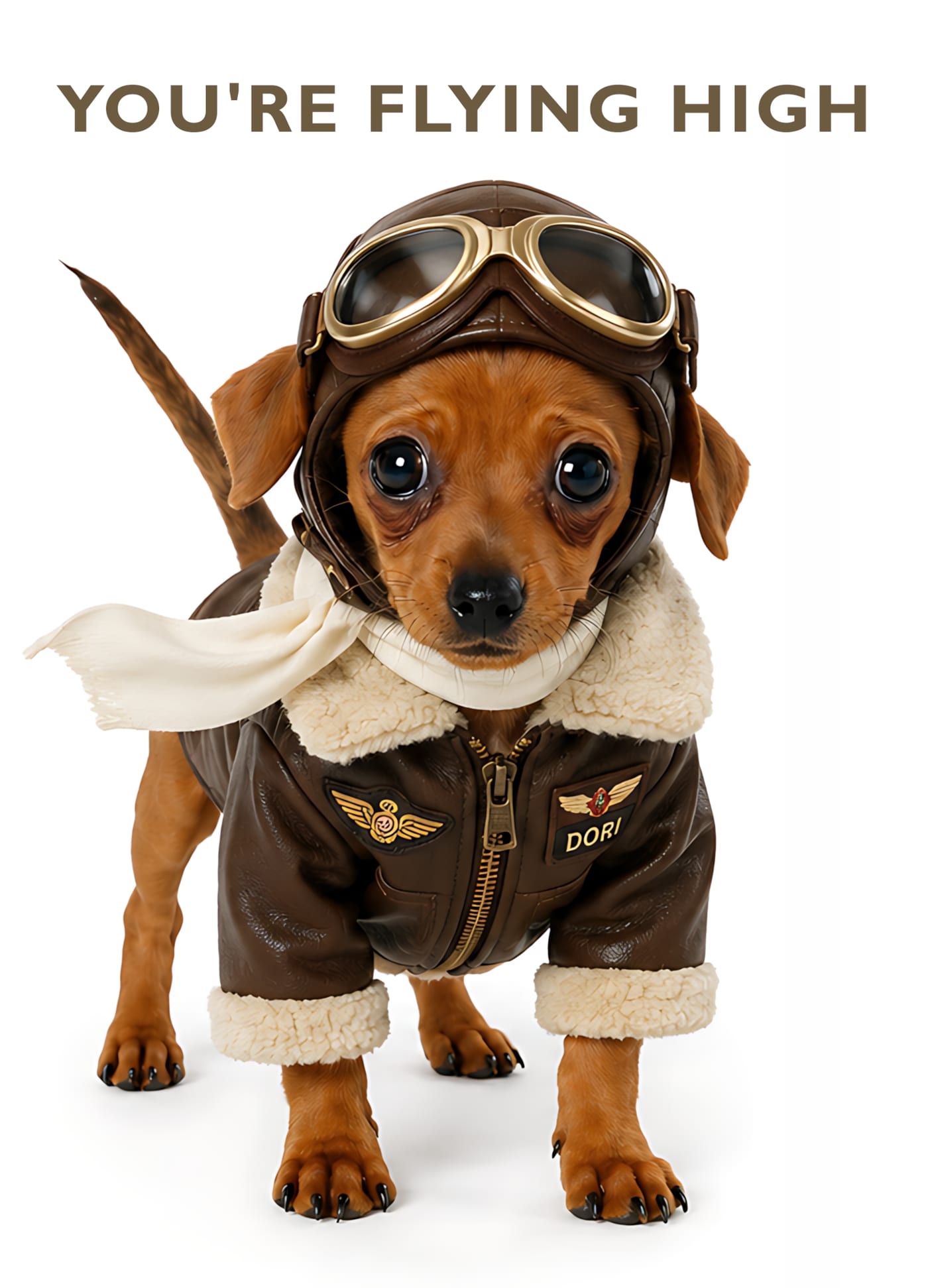 Congratulations card: a dachshund puppy in a vintage aviator outfit — leather flying cap, goggles, fur-collared bomber jacket and scarf — headline "You're Flying High".