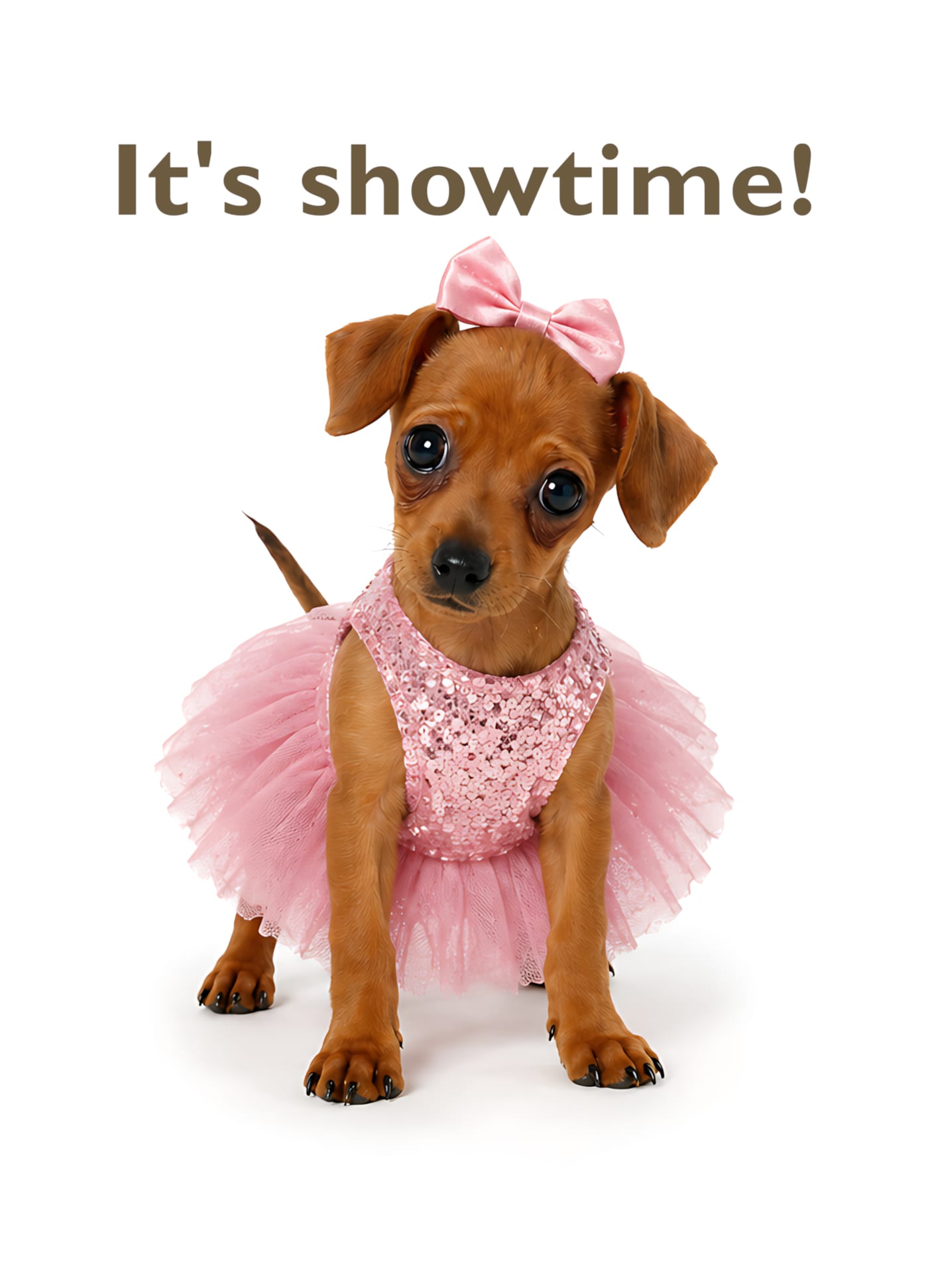Encouragement card: a dachshund puppy in a pink sequined tutu and hair bow, headline "It's showtime!".