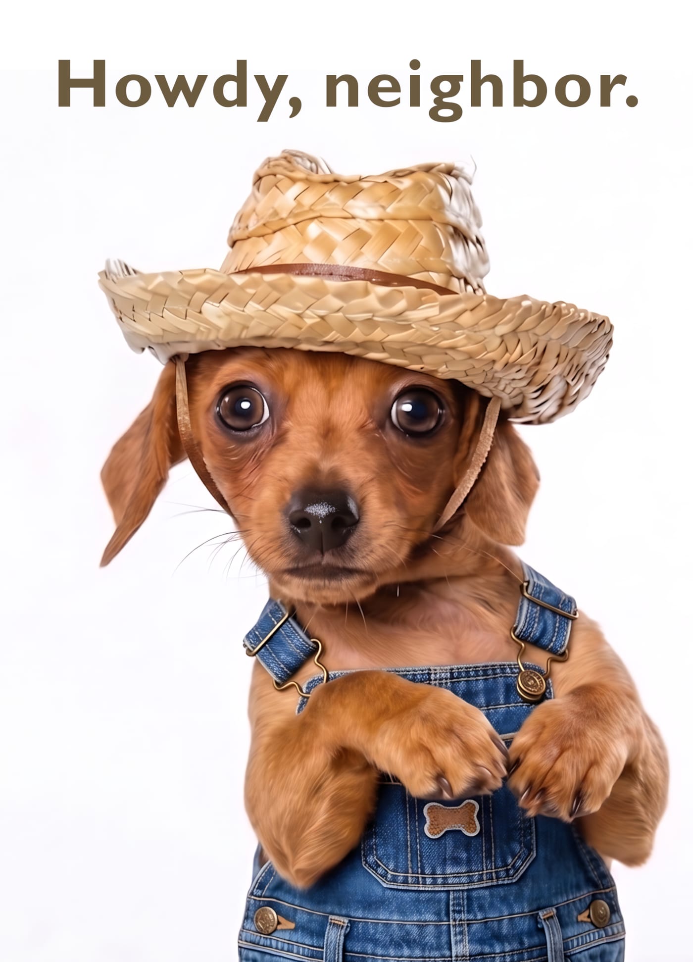 Friendship card: a dachshund puppy in a straw sun hat and denim overalls with a bone-shaped patch, headline "Howdy, neighbor.".