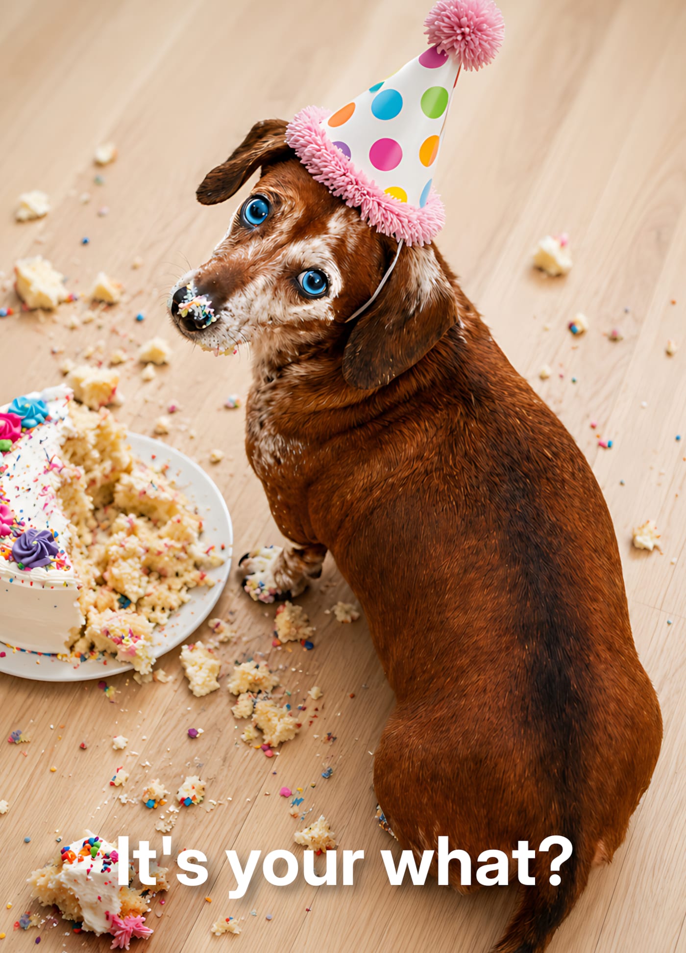 Funny birthday card: a dachshund in a polka-dot party hat sits beside a smashed birthday cake and scattered crumbs, captioned "It's your what?"