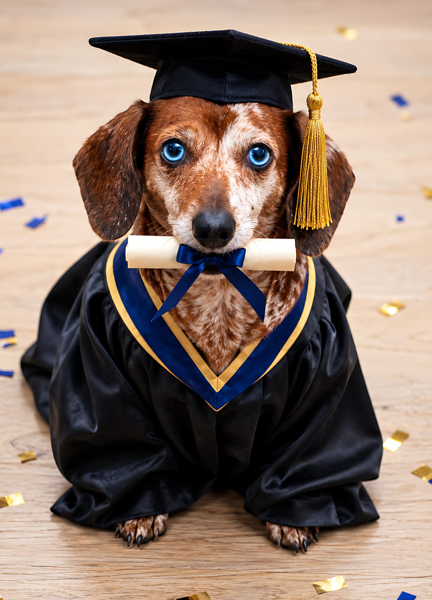Congratulations card: a dachshund in a black graduation cap and gown with a gold tassel, holding a rolled diploma tied with a navy ribbon, on scattered navy-and-gold confetti.