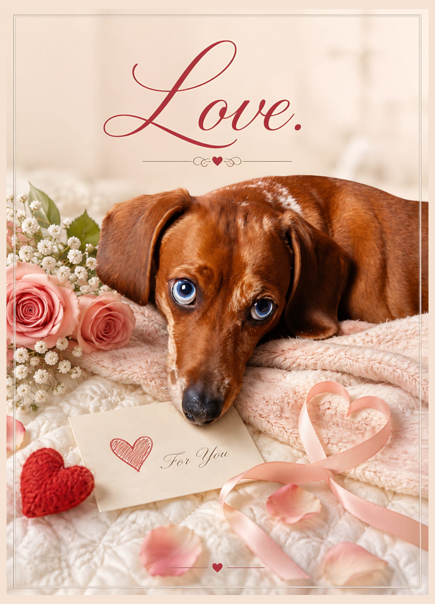 Love card: a dachshund resting on a soft blanket with pink roses, baby's breath, a red heart and a "For You" note, headline "Love".