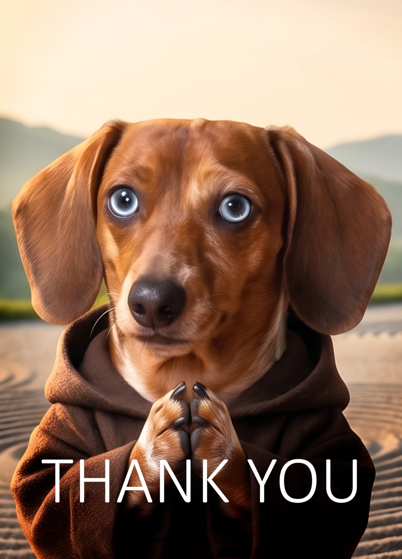 Thank-you card: a dachshund in a brown hoodie with paws pressed together in a grateful gesture before a soft mountain landscape, headline "THANK YOU".