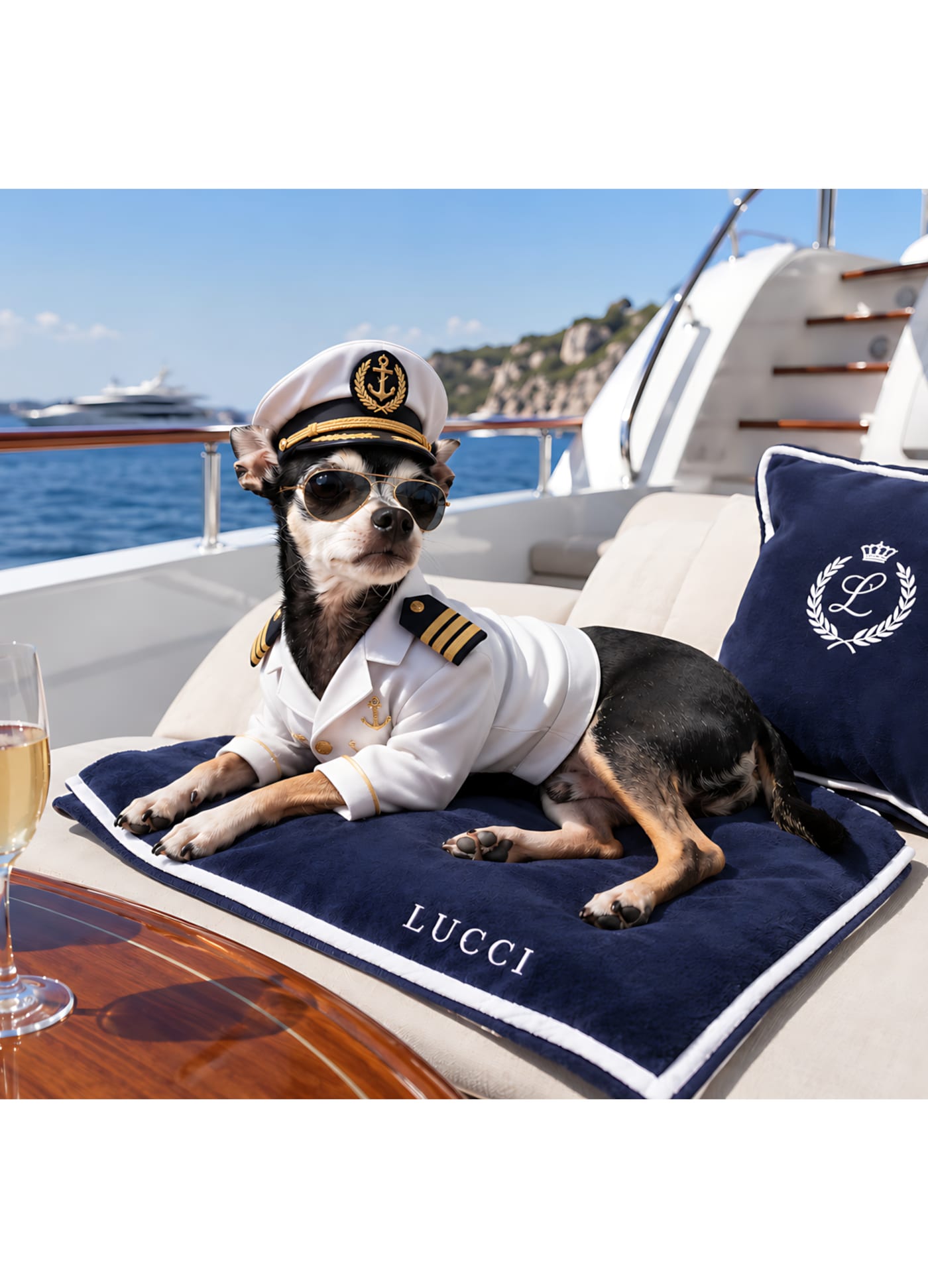 Blank dog card: a Chihuahua dressed as a yacht captain in cap and sunglasses aboard a boat.
