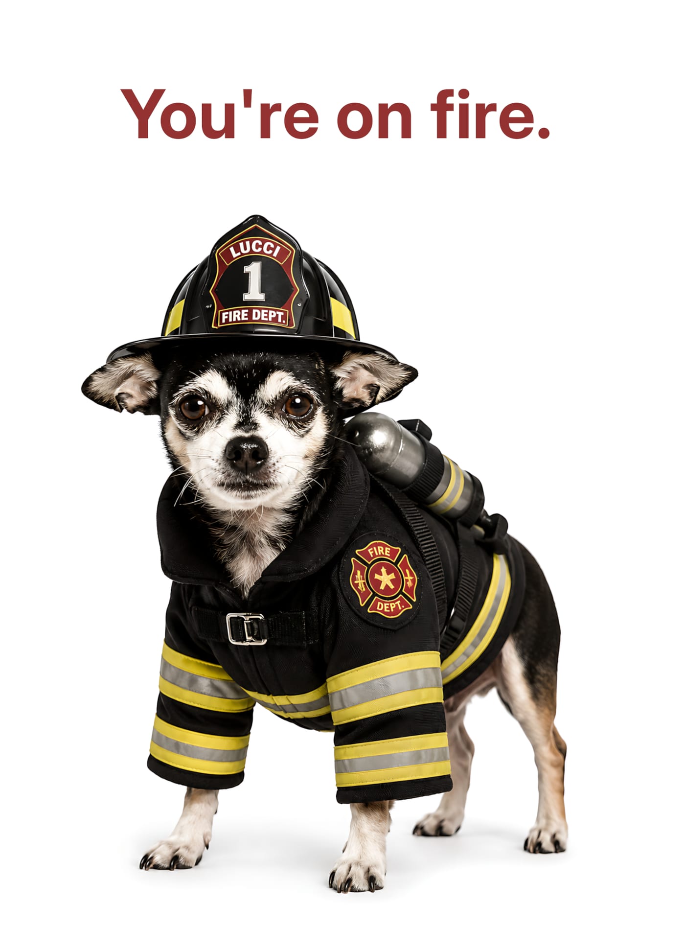 Congratulations card: a Chihuahua in firefighter gear, captioned "You're on fire."