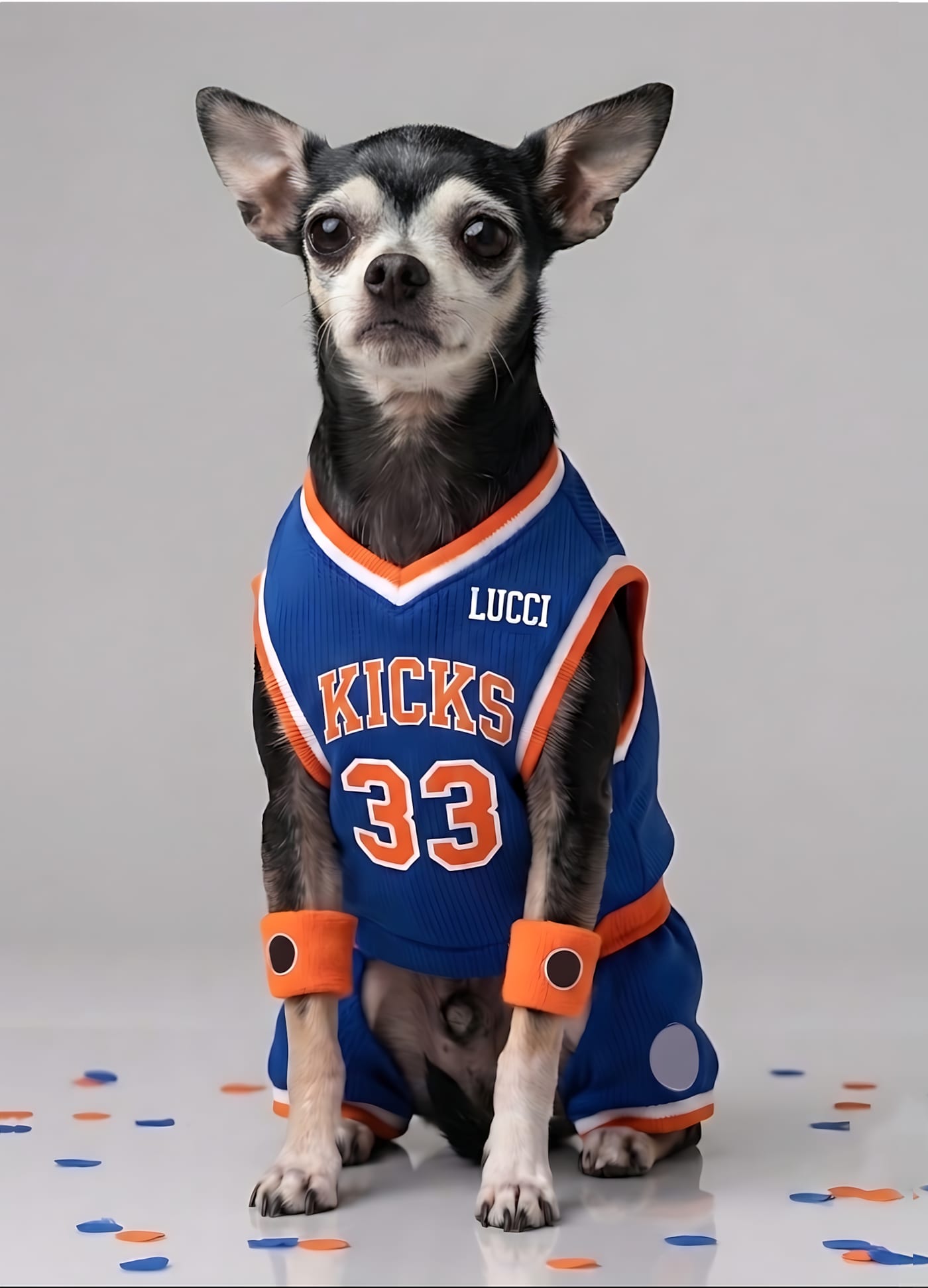 Funny Father's Day card: a Chihuahua in a basketball jersey ("KICKS 33") standing on confetti.