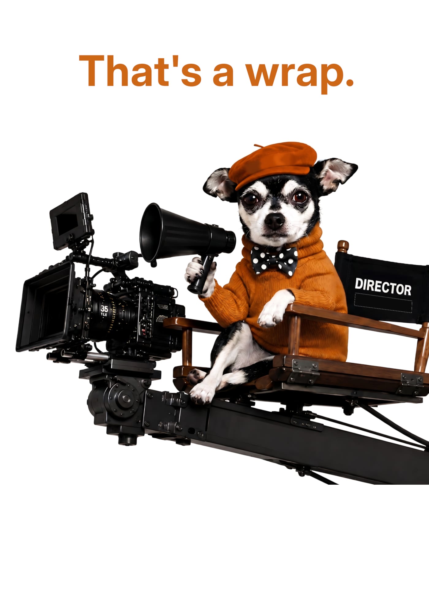 Retirement card: a Chihuahua dressed as a film director with a movie camera, captioned "That's a wrap."
