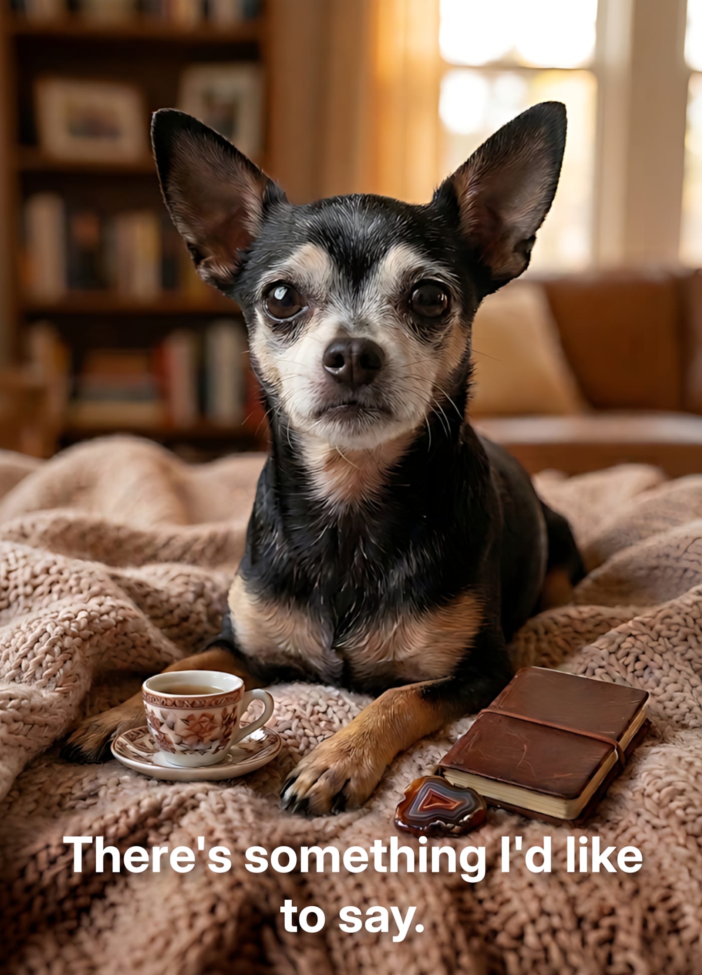 Thank-you card: a Chihuahua on a knit blanket beside an espresso cup, captioned "There's something I'd like to say."